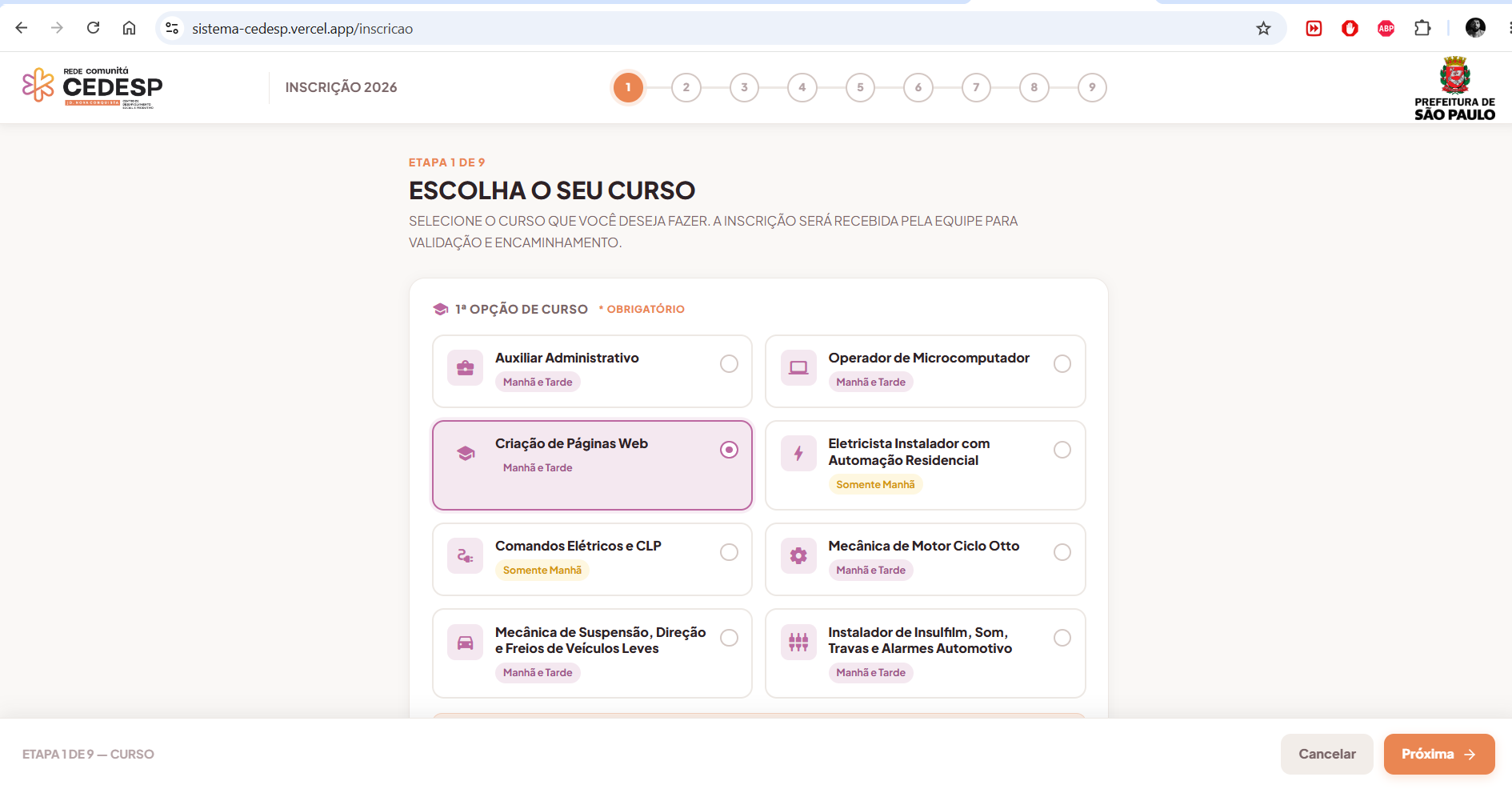 Tela da ficha de matrícula pública do sistema CEDESP