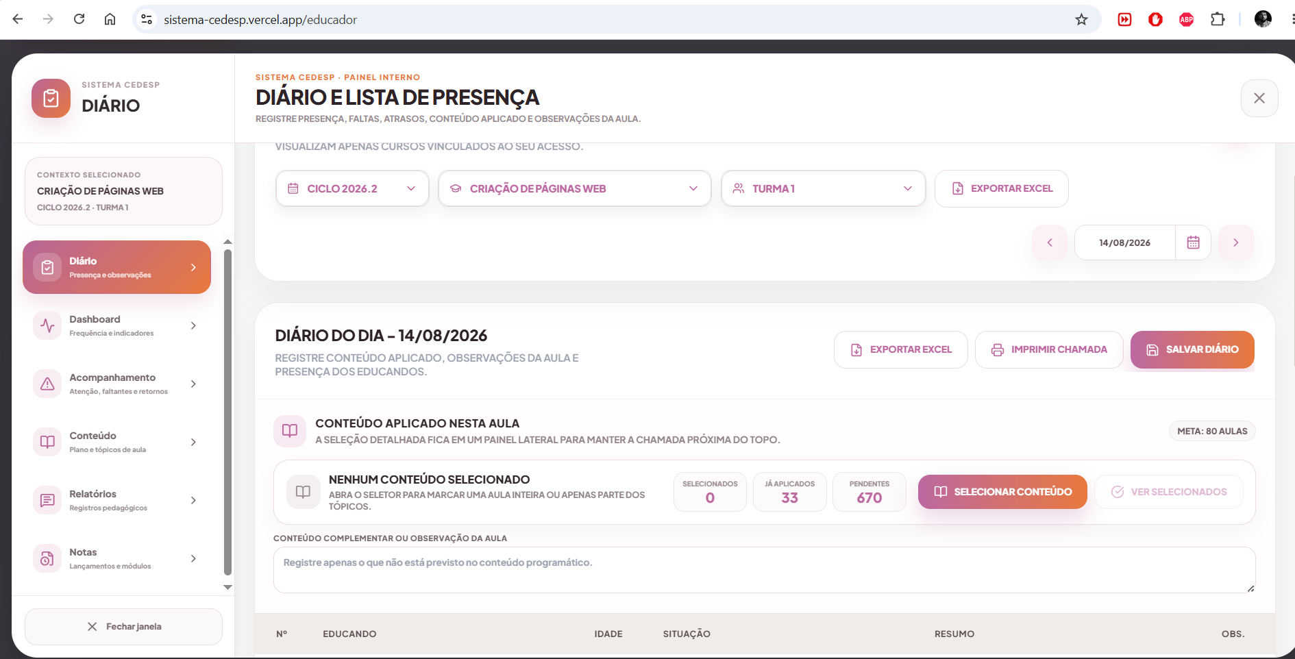 Tela do módulo de turmas do sistema CEDESP