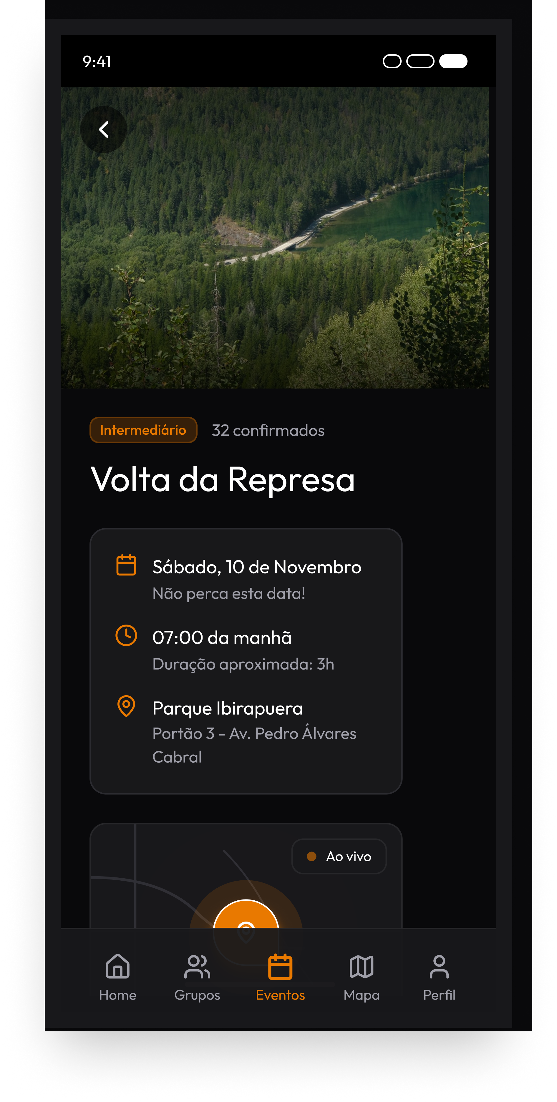 Tela de eventos do app Trail Bikers