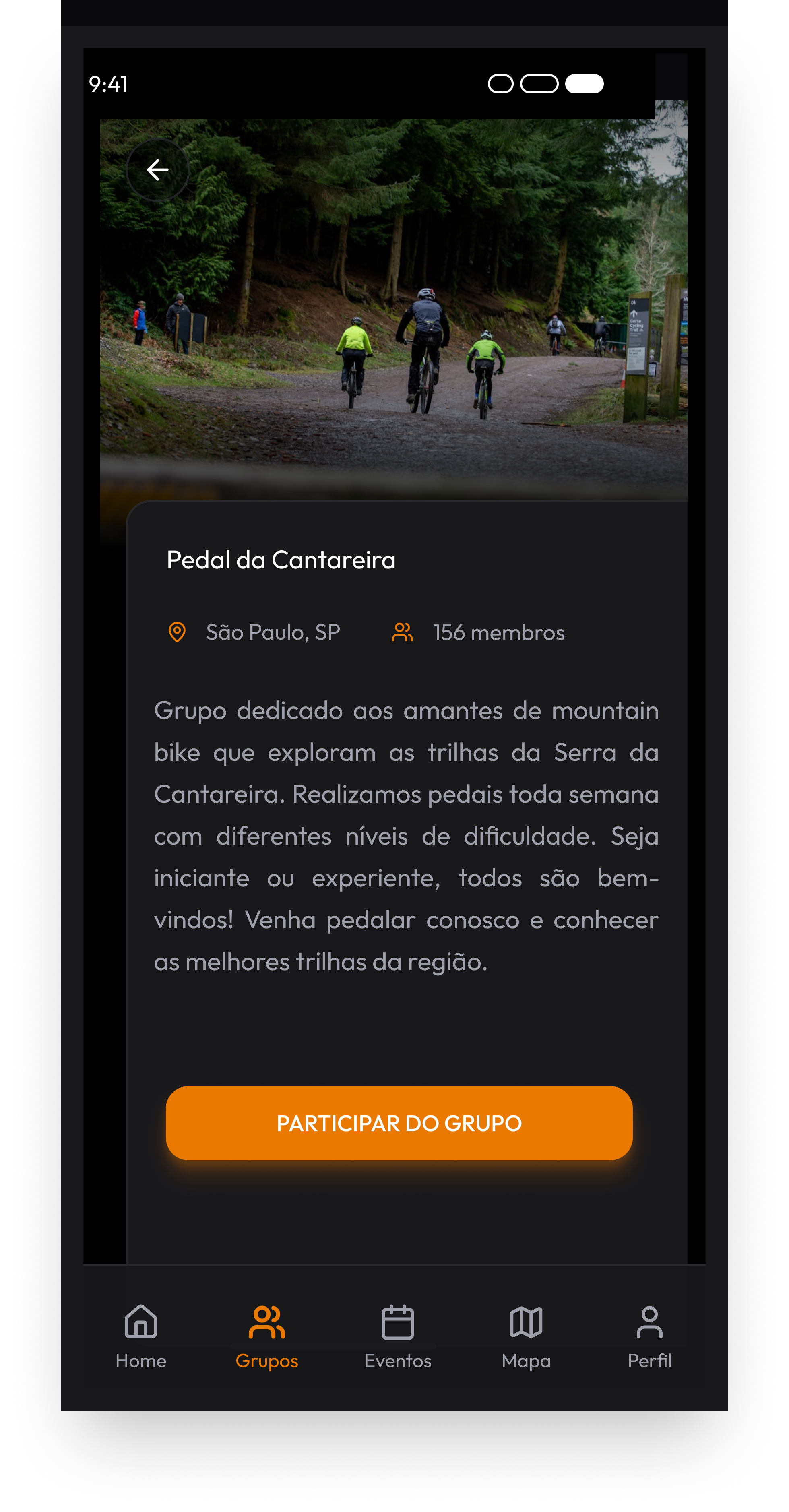 Tela de descoberta de grupos de pedal do app Trail Bikers