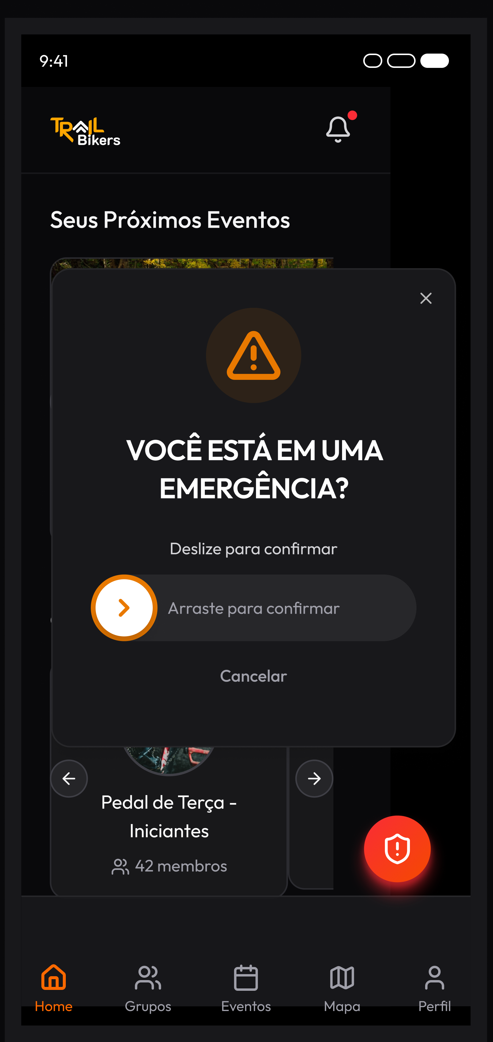 Tela do botão de pânico do app Trail Bikers